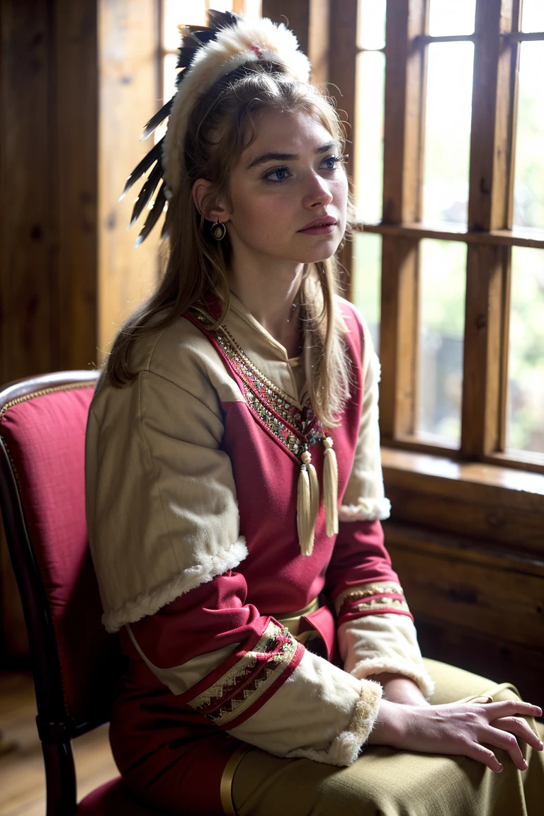 best quality,masterpiece,(American Indian uniform:1.4) ,young teen face,Rose hair accessories, earrings, eyeshadow,redlip,blush,pink skin,ponytail,open mouth,upper body,indoors ,(imogen poots), <lora:Imogen Poots V1:1>,looking at viewer,