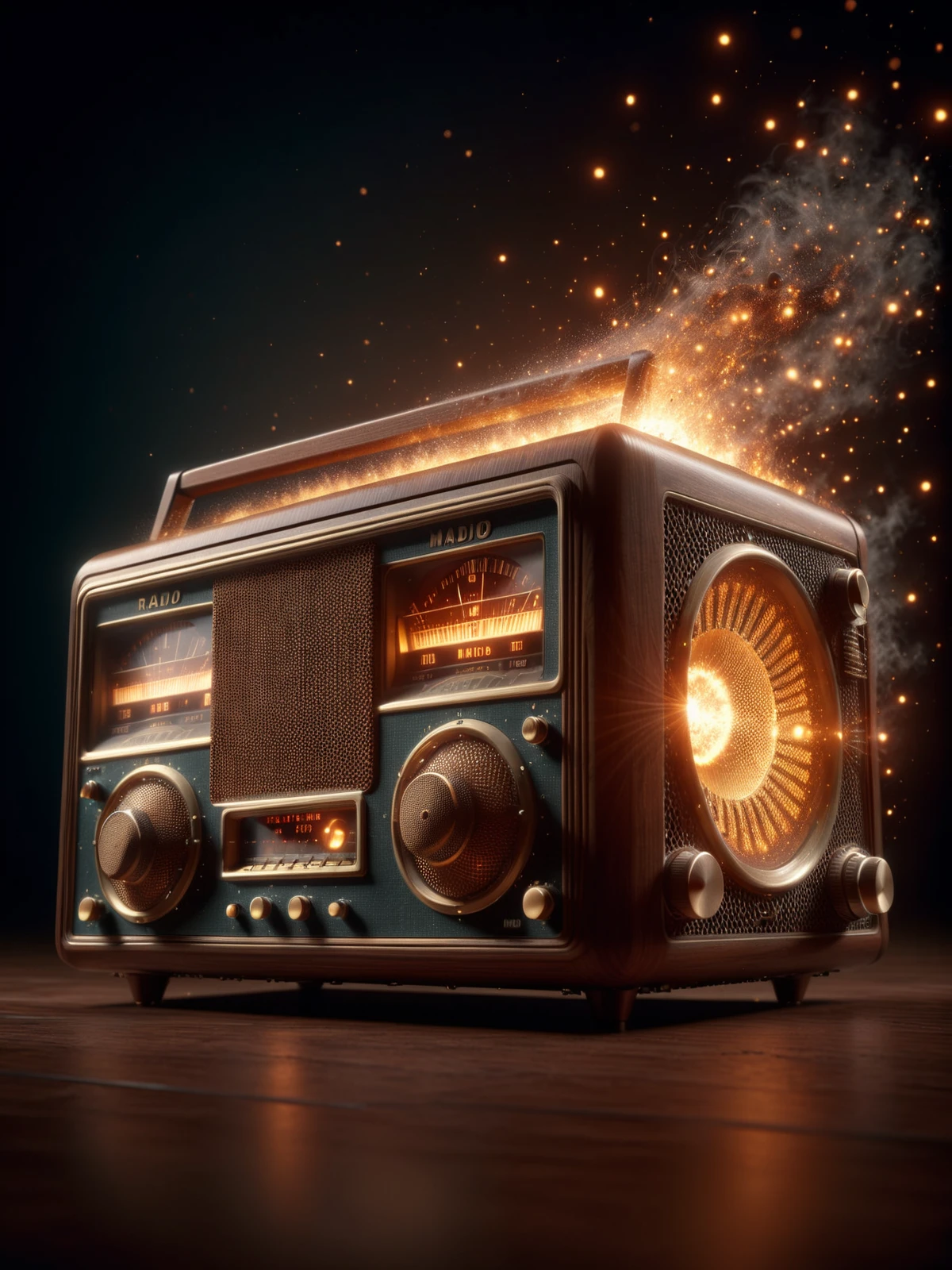 vintage radio dissolving into mad-embr,night <lora:Embers_Style_SDXL:0.8>, (masterpiece:1.2), best quality, (hyperdetailed, highest detailed:1.2), high resolution textures