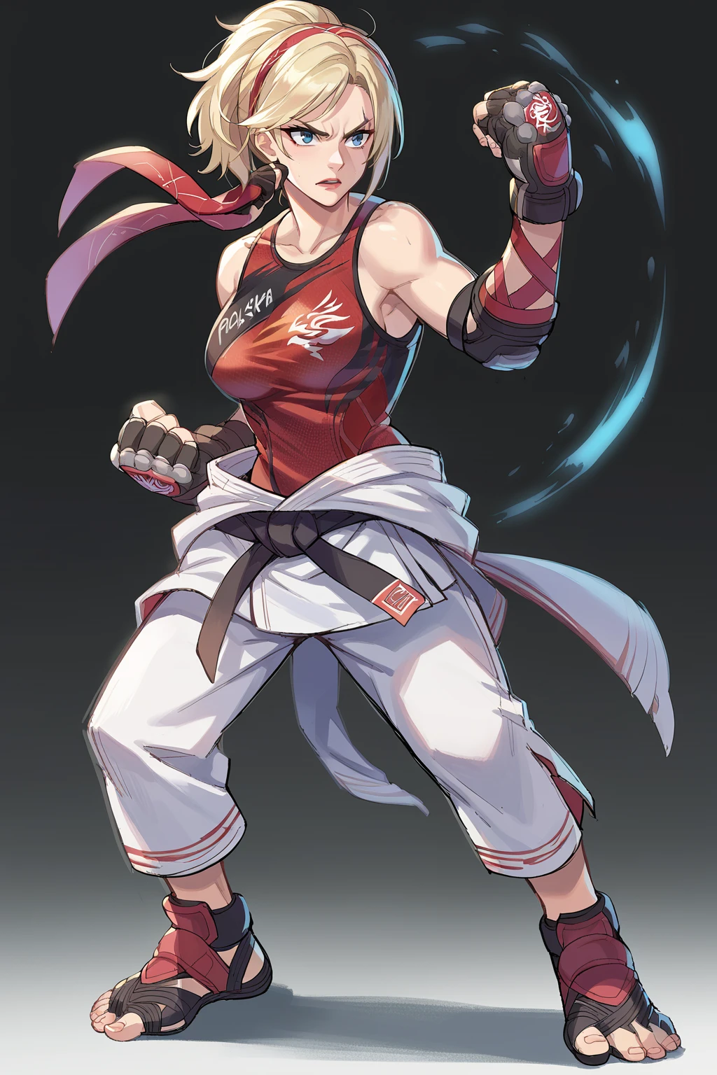 score_9, score_8_up, score_7_up, score_6_up, score_5_up, score_4_up, BREAK source_anime,solo
edgLidia,fingerless gloves,scar across one eye,ponytail,red hairband,black karate belt,clothes around waist,dougi,tank top, breasts, short hair, blue eyes, blonde hair, gloves, full body,fighting stance, nose
 <lora:edgLidiaTekkenPonyv1:1>