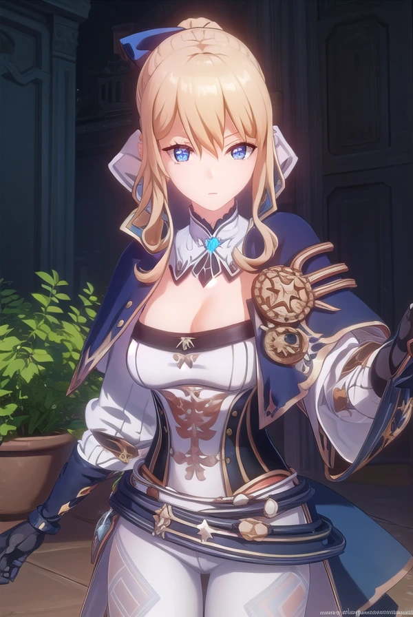 jean, <lora:genshin jean ingame-lora-nochekaiser:1>,
jean, long hair, bangs, blue eyes, blonde hair, bow, hair between eyes, ponytail, hair bow, sidelocks,
BREAK gloves, belt, capelet, cleavage, pants, white pants, detached sleeves, detached collar,
BREAK outdoors,
BREAK looking at viewer, (cowboy shot:1.5),
BREAK <lyco:GoodHands-beta2:1>, (masterpiece:1.2), best quality, high resolution, unity 8k wallpaper, (illustration:0.8), (beautiful detailed eyes:1.6), extremely detailed face, perfect lighting, extremely detailed CG, (perfect hands, perfect anatomy),