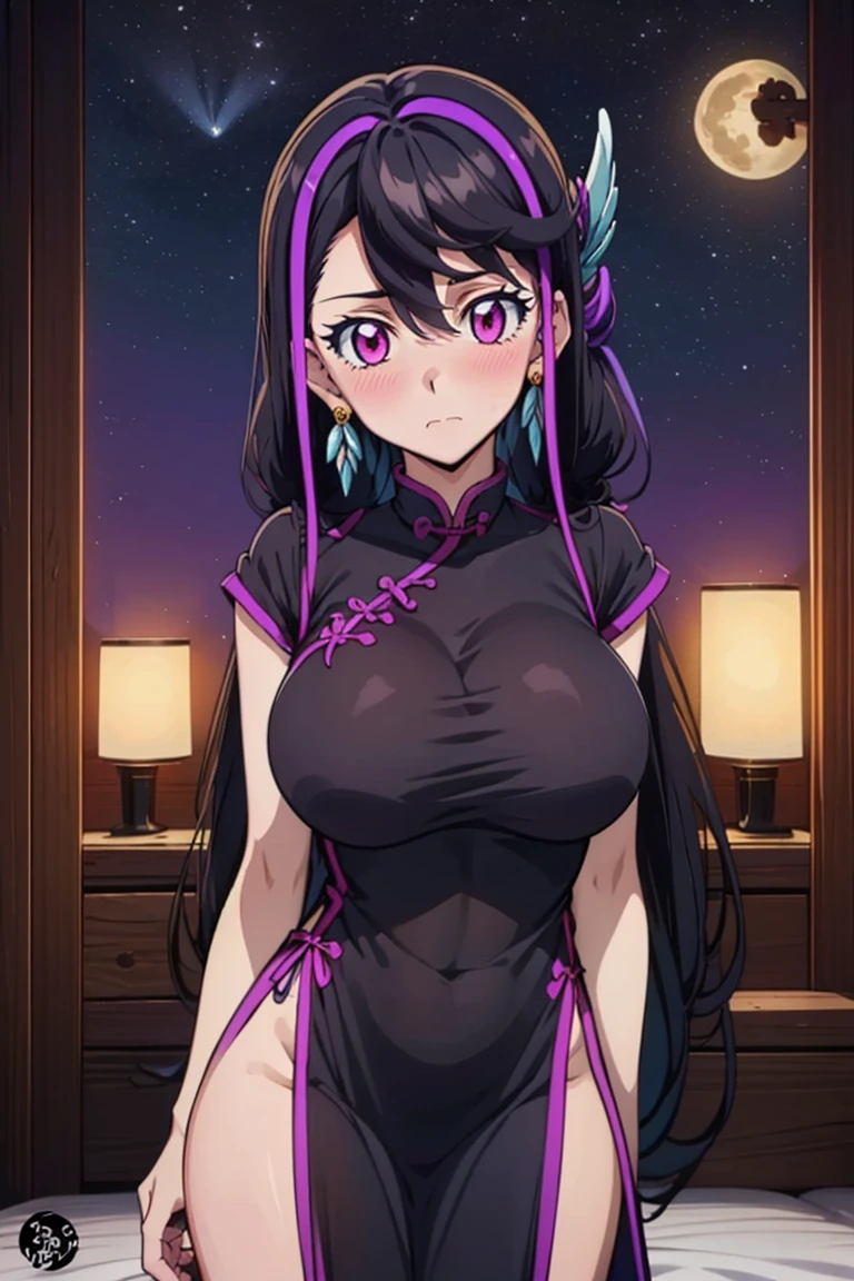 (((masterpiece, best quality, highres))), 1 girl, solo, good hands, looking at viewer, outside, blushing, arms to the side, round breasts, large breasts,lulu obsidian, black hair with purple highlight, pink eye’s, Chinese lunar dress, nighttime 