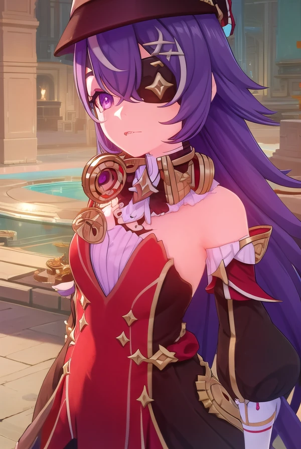 chevreuse, <lora:genshin chevreuse ingame-lora-nochekaiser:1>,
chevreuse, long hair, bangs, hair between eyes, (purple eyes:1.1), purple hair, (eyepatch:1.5),
BREAK gloves, hat, dress, bare shoulders, detached sleeves,
BREAK outdoors,
BREAK looking at viewer, (cowboy shot:1.5),
BREAK <lyco:GoodHands-beta2:1>, (masterpiece:1.2), best quality, high resolution, unity 8k wallpaper, (illustration:0.8), (beautiful detailed eyes:1.6), extremely detailed face, perfect lighting, extremely detailed CG, (perfect hands, perfect anatomy),