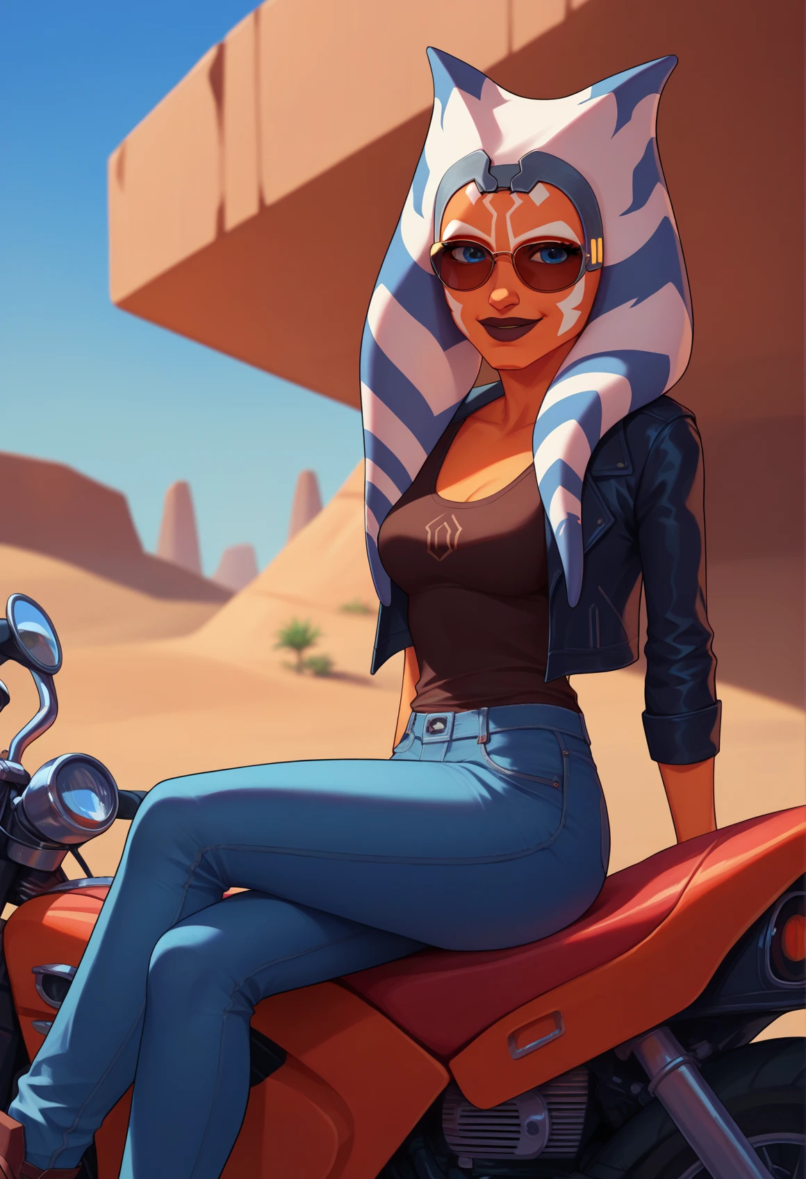 score_9, score_8_up, score_7_up, female, solo, grey headband, ahss7, medium breasts, <lora:AhsokaS7PDXL_V1-Manityro-adamw:1.0>, outdoors, desert, gas station, looking at viewer, smile, leather jacket, tank top under jacket, aviator sunglasses, denim jeans, sitting, motorcycle