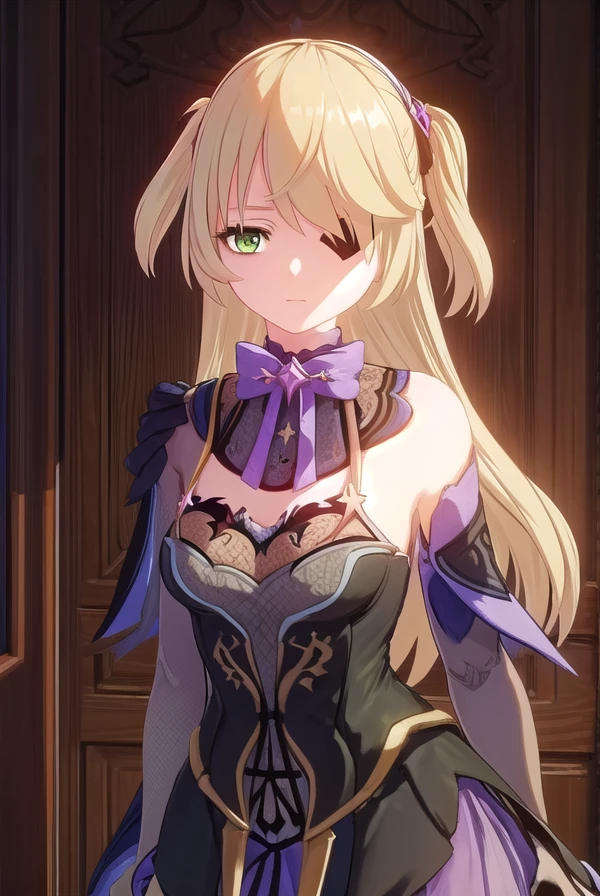 fischl, <lora:genshin fischl ingame-lora-nochekaiser:1>,
fischl, long hair, bangs, blonde hair, ribbon, (green eyes:1.3), hair ribbon, hair over one eye, two side up, eyepatch
BREAK gloves, bow, bare shoulders, black gloves, elbow gloves, bowtie,
BREAK outdoors,
BREAK looking at viewer, (cowboy shot:1.5),
BREAK <lyco:GoodHands-beta2:1>, (masterpiece:1.2), best quality, high resolution, unity 8k wallpaper, (illustration:0.8), (beautiful detailed eyes:1.6), extremely detailed face, perfect lighting, extremely detailed CG, (perfect hands, perfect anatomy),