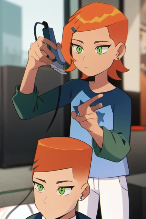<lora:lowfade-08:1> lowfade,    <lora:gwen tennyson:1> Gwendolyn_Tennyson, blue shirt, long sleeves, white pants, orange hair, green eyes, masterpiece, best quality