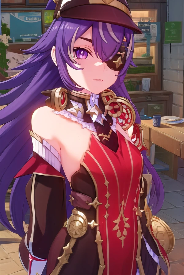 chevreuse, <lora:genshin chevreuse ingame-lora-nochekaiser:1>,
chevreuse, long hair, bangs, hair between eyes, (purple eyes:1.1), purple hair, (eyepatch:1.5),
BREAK gloves, hat, dress, bare shoulders, detached sleeves,
BREAK outdoors,
BREAK looking at viewer, (cowboy shot:1.5),
BREAK <lyco:GoodHands-beta2:1>, (masterpiece:1.2), best quality, high resolution, unity 8k wallpaper, (illustration:0.8), (beautiful detailed eyes:1.6), extremely detailed face, perfect lighting, extremely detailed CG, (perfect hands, perfect anatomy),