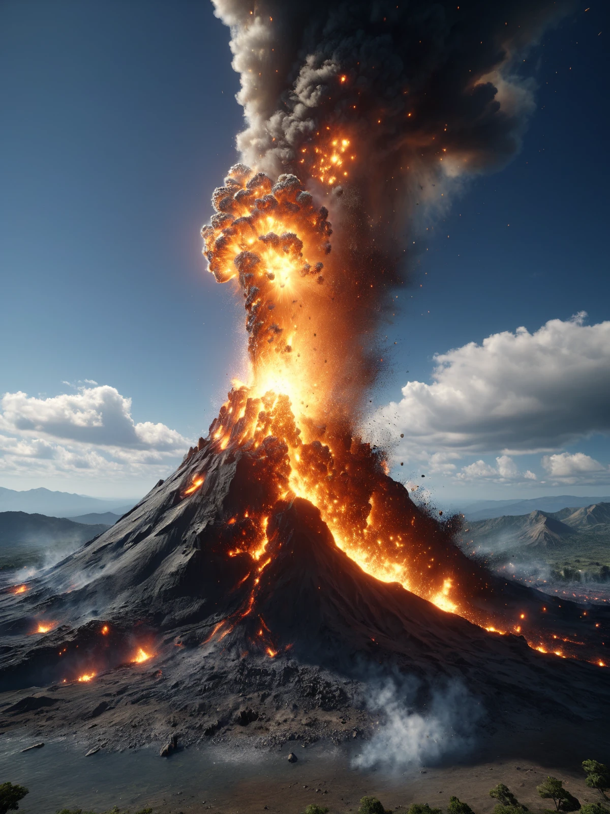 volcano erupting, mad-embr  <lora:Embers_Style_SDXL:0.8>, (masterpiece:1.2), best quality, (hyperdetailed, highest detailed:1.2), high resolution textures