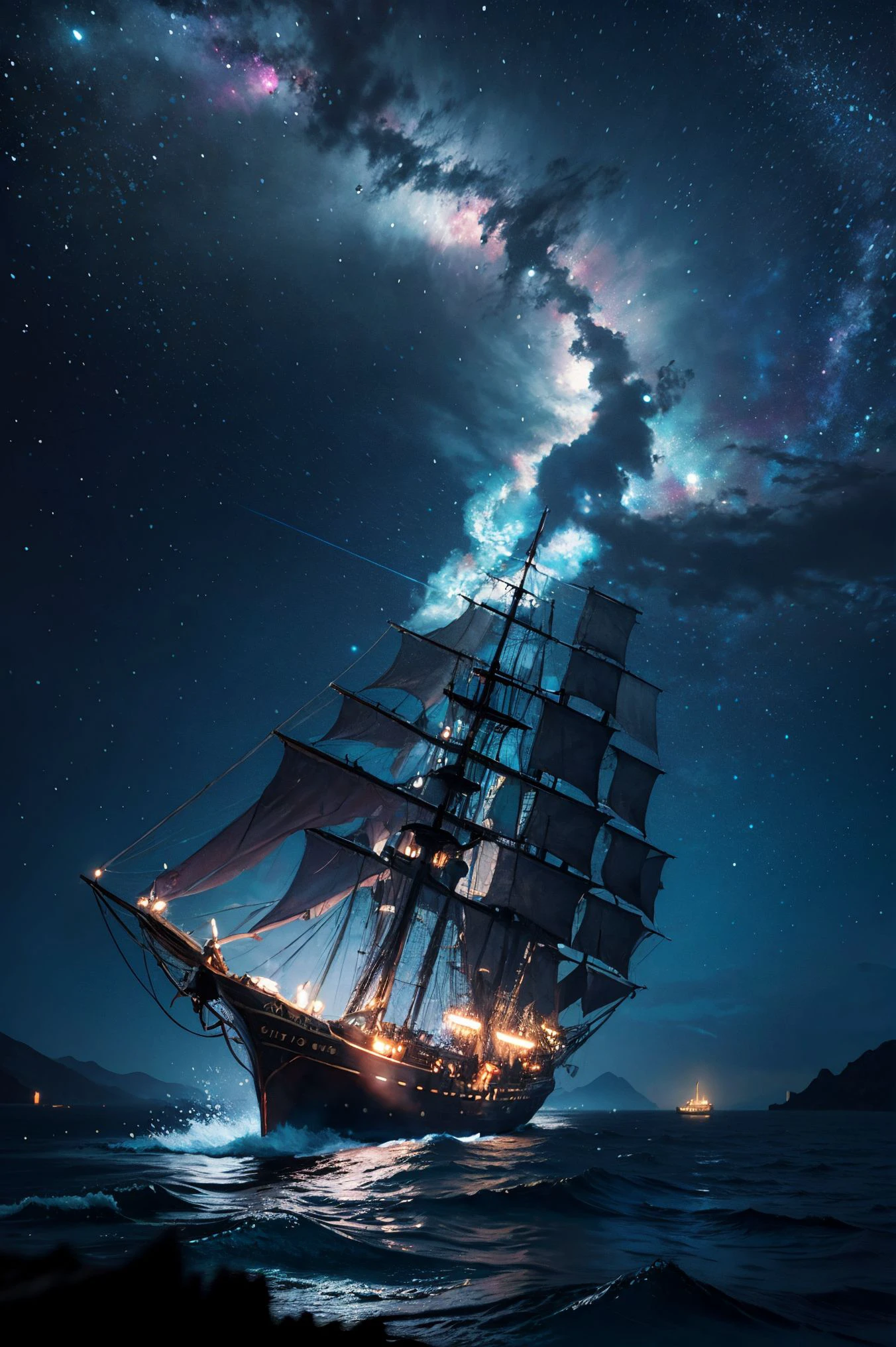 (Pirate ship sailing into a bioluminescence sea with a galaxy in the sky),epic,4k,ultra,