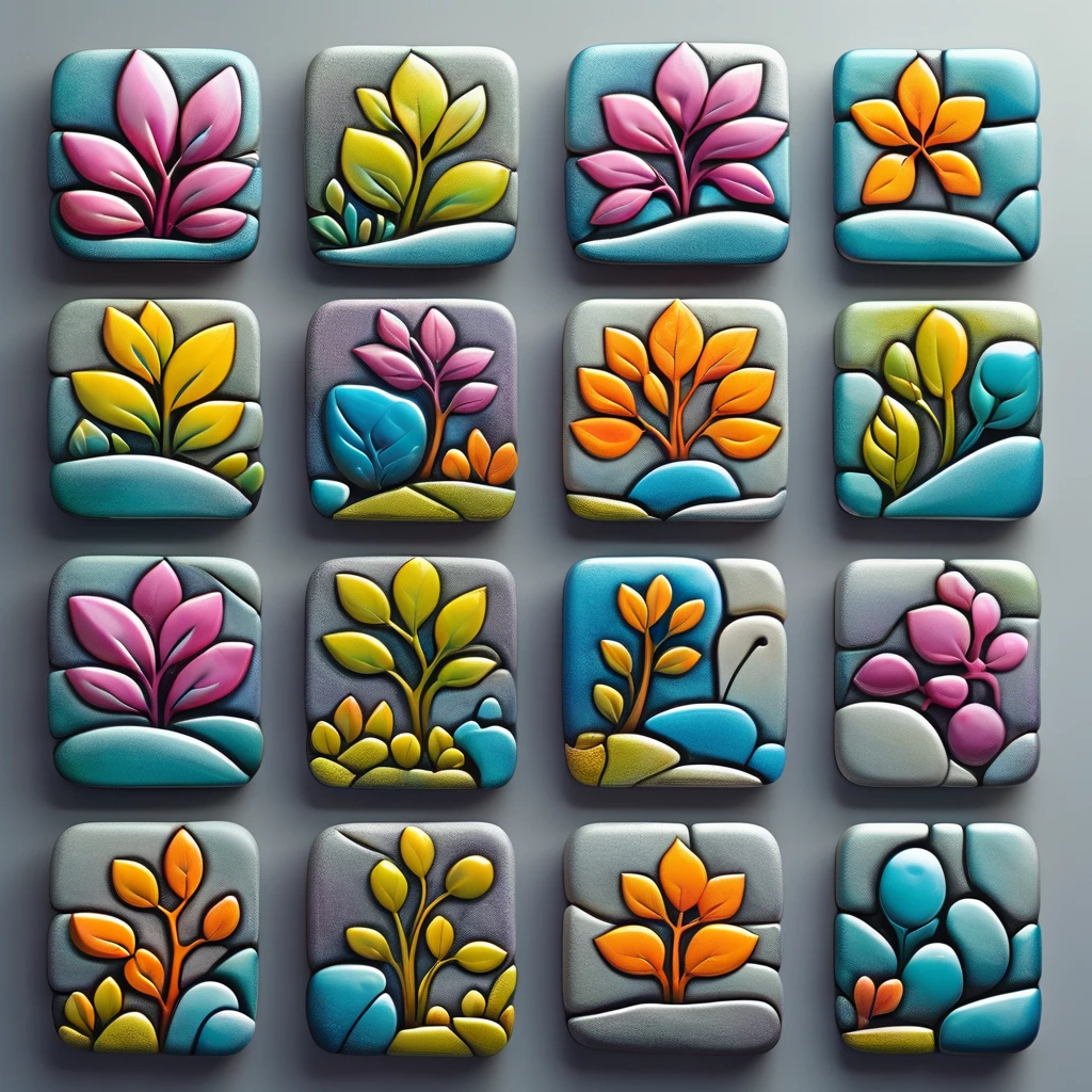 <lora:artfullyTILES_SDXL_V1:0.7>,icon collection arranged in a grid of a set of different colored,abstract colorful  orchids,landscapes set set,bright glazes,ceramic,decorative relief,iconographic motifs,icons set  isolated on grey background  c,in the style of tactile textured paintings,luminous 3d objects,opaque resin panels,organic stone carvings,rounded forms,surrealistic ceramic sculptures,tonal colors,vibrant color blocks,vibrant fantasy landscapes,hyper-detailed illustrations,colorful biomorphic forms,