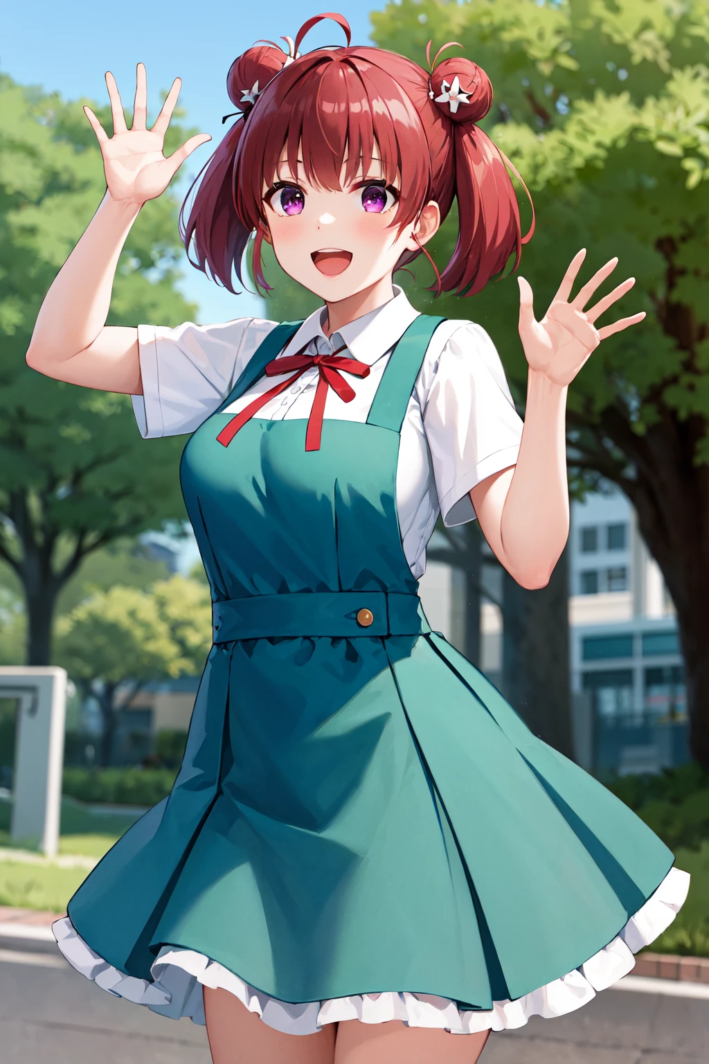 masterpiece, best quality, highres, 1girl, solo, short hair, red hair, short twintails, double bun, ahoge, hair ornament, purple eyes, large breasts, school uniform, neck ribbon, white shirt, pinafore dress, short sleeves, <lora:hashima_izumi_v1:0.7>, standing, cowboy shot, outdoors, smile, open mouth, waving,