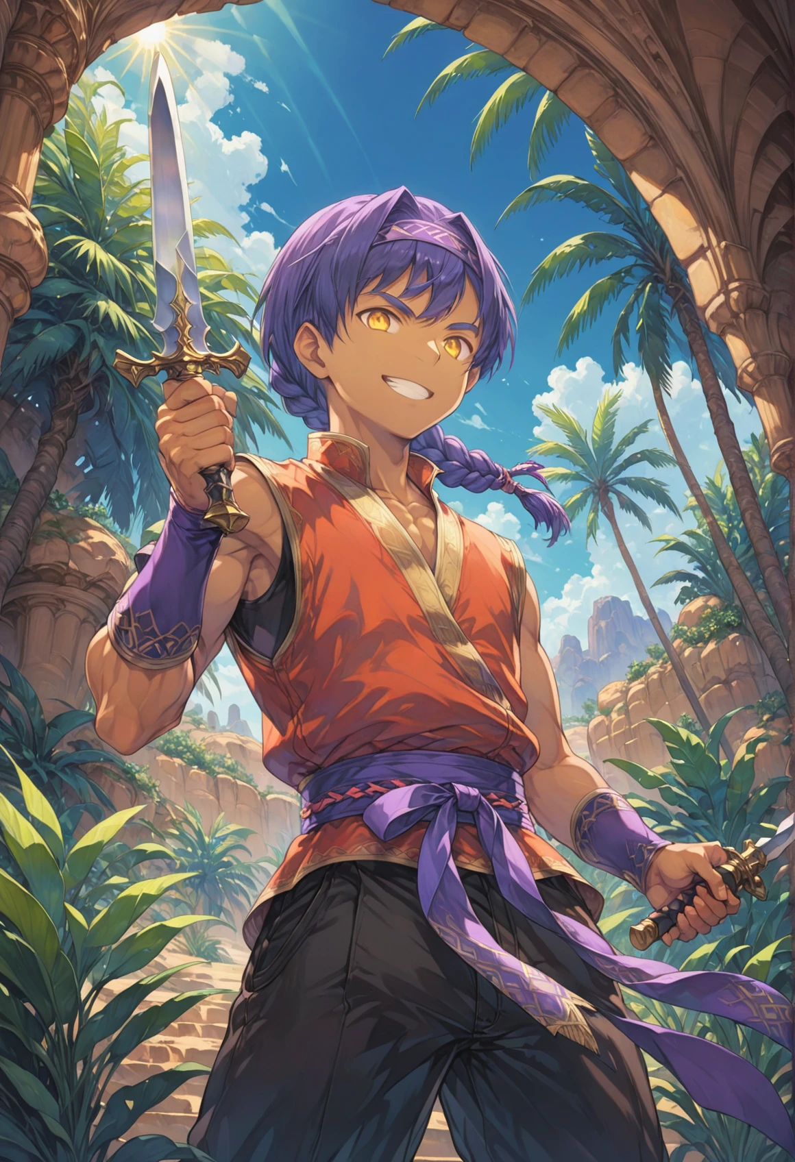seiken_densetsu_mana_xl, 1boy, long single braid, solo, red vest, headband, male focus, swept bangs, v-bangs, headband, dual wielding, yellow eyes, pants, dagger, jewelry, dark skin, purple hair, holding dagger, looking at viewer, smile, purple sash, reverse grip,
in a desert bazzar, light vegetation, palm leaves, oasis,
depth of field, 8K, very aesthetic, highres, intricate detail, cinematic lighting, amazing quality, amazing shading, detailed Illustration, official artwork, wallpaper,
upper body, from below,
<lora:aesthetic_anime_v1s:1>
<lora:seiken-densetsu-mana-xl:1>
<lora:IOS_Iridescent_opal_style:0.8>