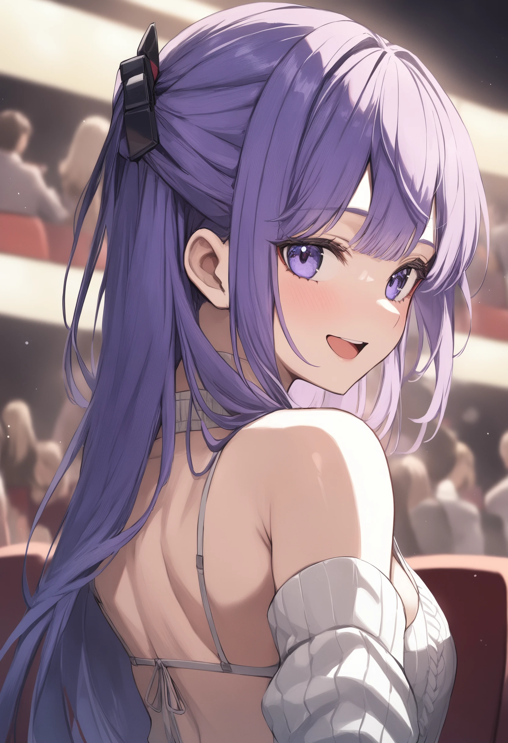 1girl, <lora:sdxl2-flat2-512b:-1>,medium breasts,solo,
<lora:vks2023XLv1:0.8>,vks2023,sweater,lingerie,
upper body, portrait, looking back, happy, movie theatre, open mouth,
best quality,medium quality,