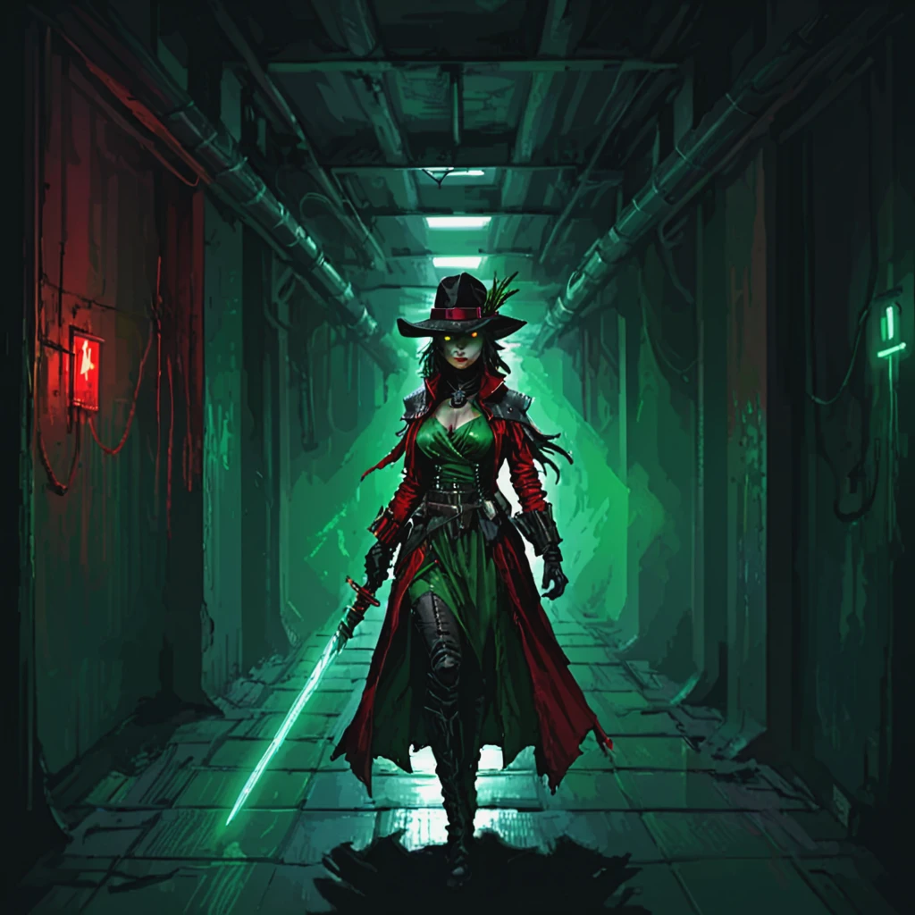 a nqstrman woman in a costume with a hat and a sword, grim darkness, gritty, dark corridor, metal walls, steel beams, pipe, wires, science fiction, red and green glow, apxlz