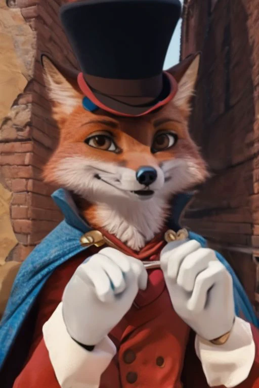 <slora:add_detail:0.4> (("honest"_John_Foulfellow)), Fox, Smiling, Gloves Suit, Cape, Top Hat, headshot