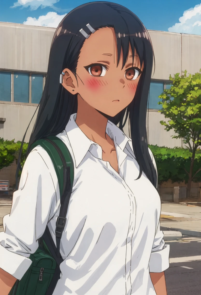 best quality, masterpiece, highres, solo, {nagatoro_hayase_donttoywithmemissnagatoro:0.90}, 1girl, blush, white_shirt, backpack, closed_mouth, collared_shirt, earclip, looking_at_viewer, outdoors, school_uniform, upper_body
