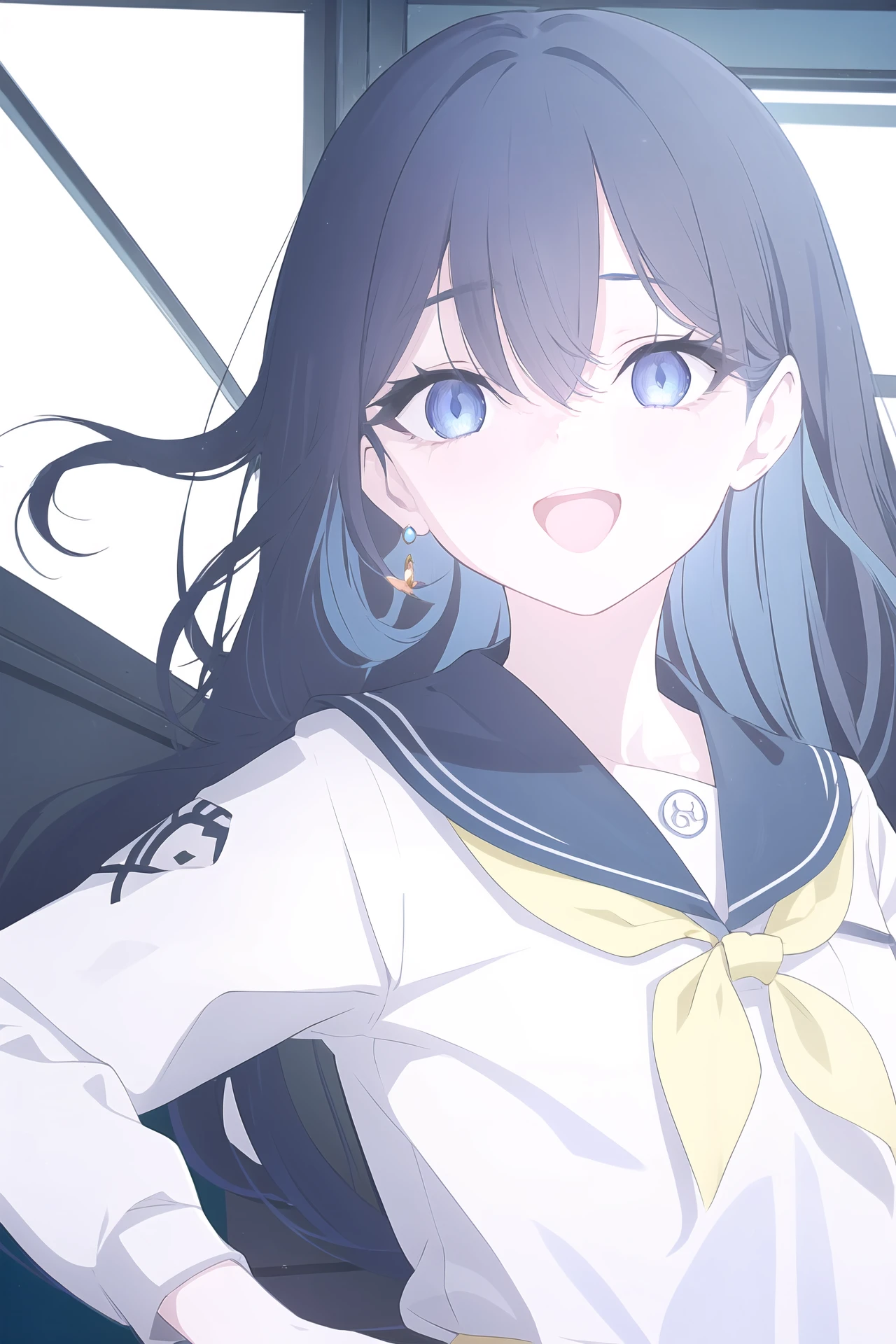 (best quality, masterpiece, highres),1girl,solo,black hair,blue hair,blue eyes,long hair,bangs,open mouth,smile,earrings,serafuku,looking at viewer,
<lora:BX_Blue Archive style_v1.08:1>,
