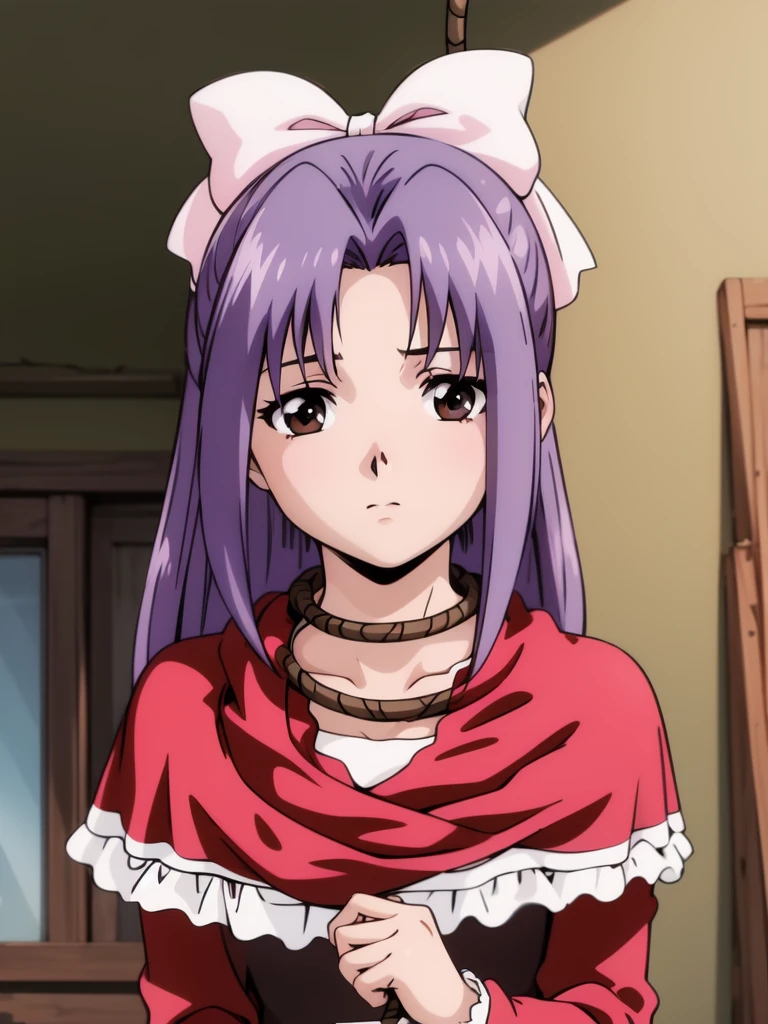 <lora:Koigakubo_Momoko:1>, koigakubomomoko, 1girl, solo, rope, bow, capelet, hair bow, purple hair, brown eyes, upper body, frills, long hair, looking at viewer, ribbon, pink bow, long sleeves, bangs, red dress, dress, bound,
masterpiece, high quality, very_high_resolution, large_filesize, full color,