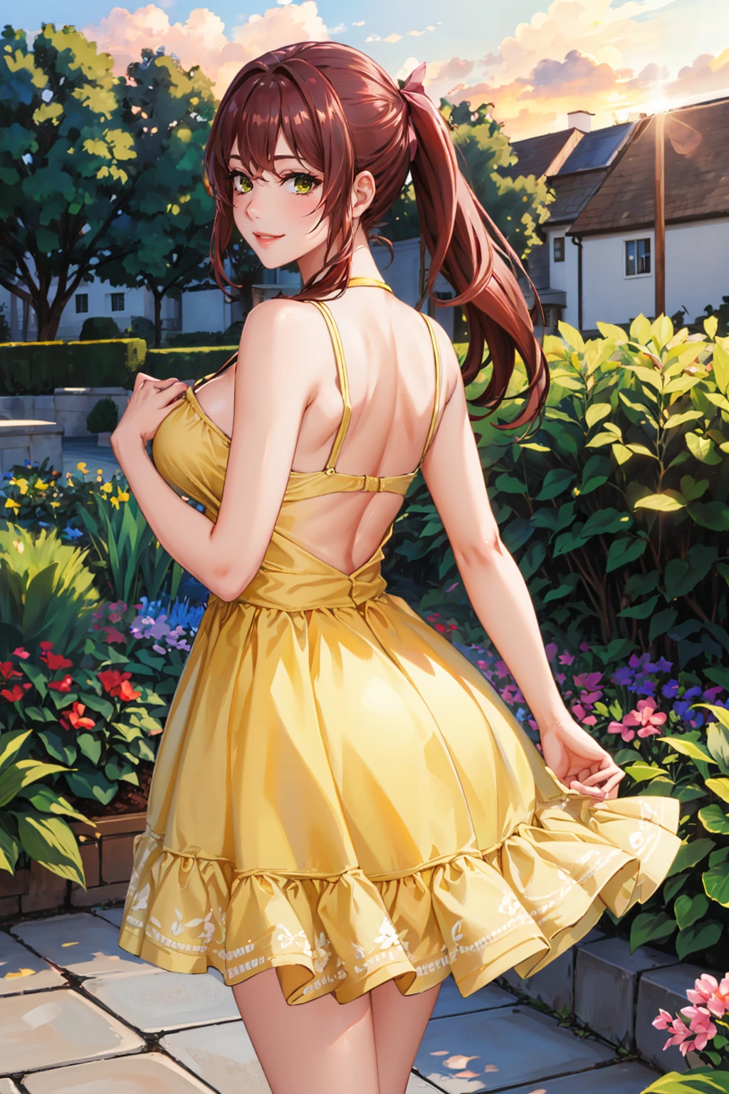 masterpiece, best quality, <lora:dmalise-nvwls-v1-000009:0.9> alise, long ponytail, yellow sundress, large breasts, from behind, garden <lora:edgChamYellowSundress:1> edgYSD,woman wearing a yellow sundress, sunset, smile