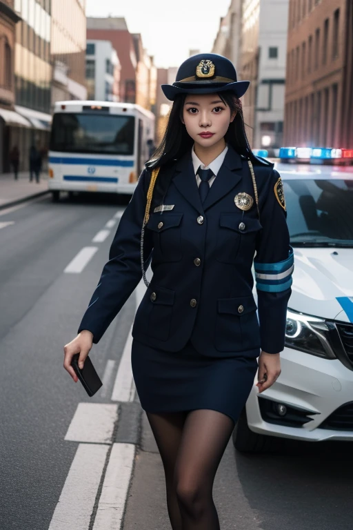 ltra-detailed,highly detailed,best quality,masterpiece,illustration,realistic,photorealistic,
1girl, solo, japanese police uniform,
a 24yo japanese policewoman wear police uniform,
police hat, jacket, pencil skirt, pantyhose, armband,
cowboy shot, looking at viewer,
outdoors, cityscape, street, ground vehicle, police car,
<lora:japanese police uniform_v1_02:0.7>