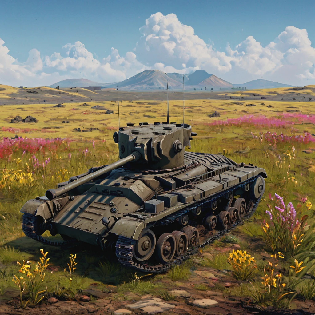 An abandoned tank rests in a field in the aftermath of the conflict, overgrown with flowers and grass, a poignant reminder of the war's end. The serene and peaceful landscape contrasts sharply with the tank's original purpose, serving as a memorial to the battles it survived ((pulp_comic, heavy_lines, hand_drawn, hand_inked, hand_colored, perfect_face, apxlz))