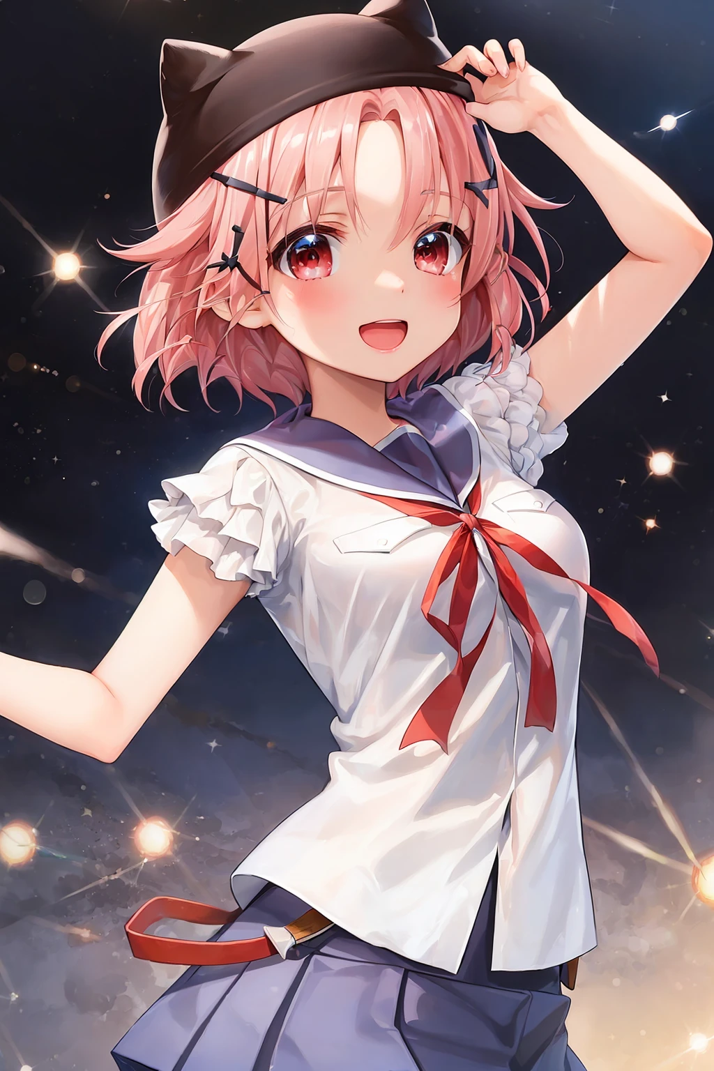 (masterpiece, best quality:1.2), solo, 1girl, yuki_takeya, smile, open mouth, looking at viewer, black hat, bangs, red eyes, short hair, school uniform, blue pleated skirt, <lora:takeyayuki2:1>