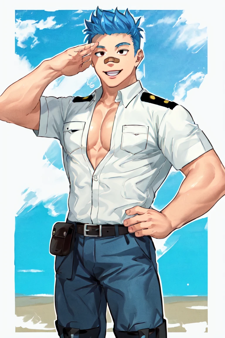 (1 image only),  solo male,  Orville,  Animal Crossing,  personification,  blue hair,  short hair,  black eyes,  aviation pilot uniform,  white collor shirt,  (widely open shirt),  hands opening shirt,  bare chest,  epaulette,  blue pants,  socks,  black footwear,  (bandaid on nose),  mature,  bara,  handsome,  charming,  alluring,  smile,  standing,  upper body,  perfect anatomy,  perfect proportions,  (best quality,  masterpiece),  (perfect eyes,  perfect eye pupil),  perfect hands,  high_resolution,  dutch angle,  cowboy shot,  seaside,  summer,  sweaty,  shiny skin,<lora:EMS-298324-EMS:0.800000>