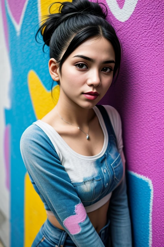 8. Female street artist (ethnicity: Mixed race, age: early 20s) in an urban alley (setting: graffiti-covered, vibrant). She's in casual, edgy attire (fabric: denim, layered) with her hair in a messy bun, and bold, artistic makeup. She's painting a large mural (style: colorful, expressive), her expression focused and creative.