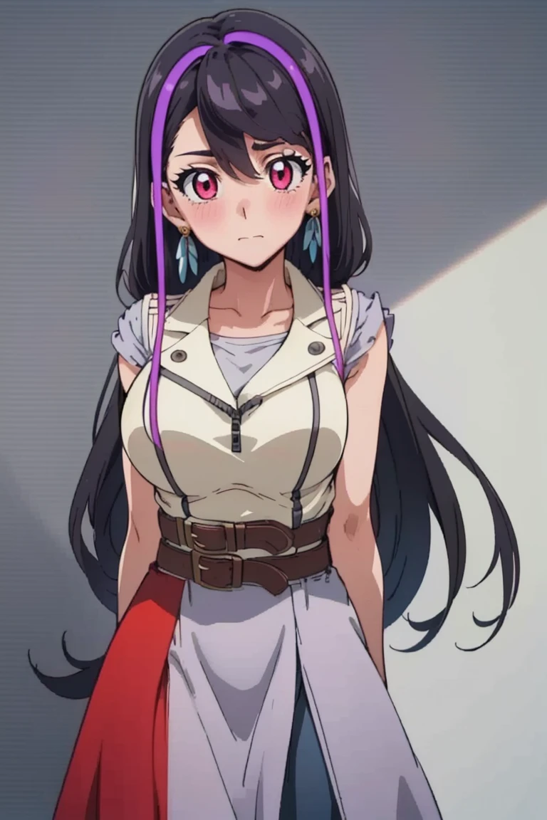 (((masterpiece, best quality, highres))), 1 girl, solo, good hands, looking at viewer, outside, blushing, arms to the side, portrait, standing, round breasts, large breasts, lulu obsidian, black hair with purple highlight, pink eye's, sleeveless vest, two leather belts, gray and red skirt, black pants