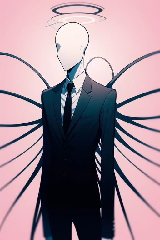 <lora:slenderman-06:1>, slenderman, pink background, angel halo, angle wings, simple background,, masterpiece, best quality
