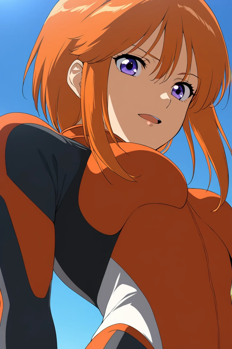 1girl,solo,from_below,lppl2,upper_body,orange_hair,pilot_suit,best_quality,anime_screencap,<lora:lppl2_xl_v1:1>,