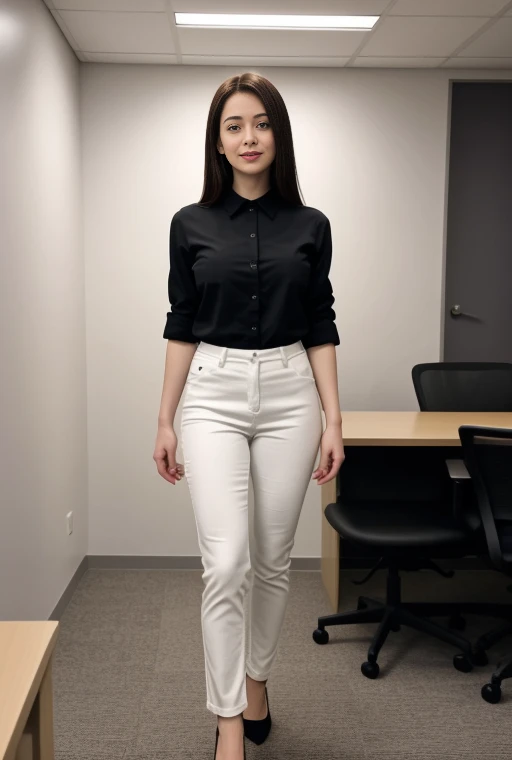full body shot of business photo of tessa_fowler, pants, black attire, big breasts, collared shirt, tucked shirt, <lora:tessa_fowler:1>. Professional attire, workplace setting, confident. Whole outfit, clear, sharp, balanced