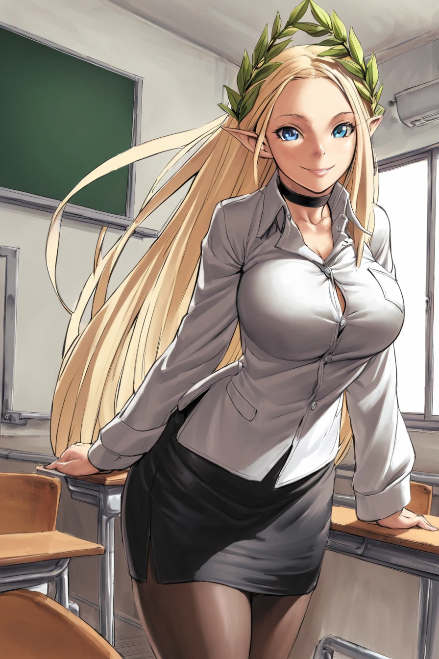  best quality,，Guilty Gear style, 1girl, laurel crown, forehead jewel, very long hair, blonde hair, blue eyes, large breasts, elf, pointy ears, long pointy ears, hair between eyes, bangs, parted bangs, looking at viewer, smile, happy, white shirt, collared shirt, pencil skirt, black skirt, pantyhose, standing, feet out of frame, classroom, (chalkboard:1.1), indoors. teacher, black choker, holding book, looking at viewer, from side, contrapposto<lora:CerestiaPony:0.6> asura \(asurauser\), 