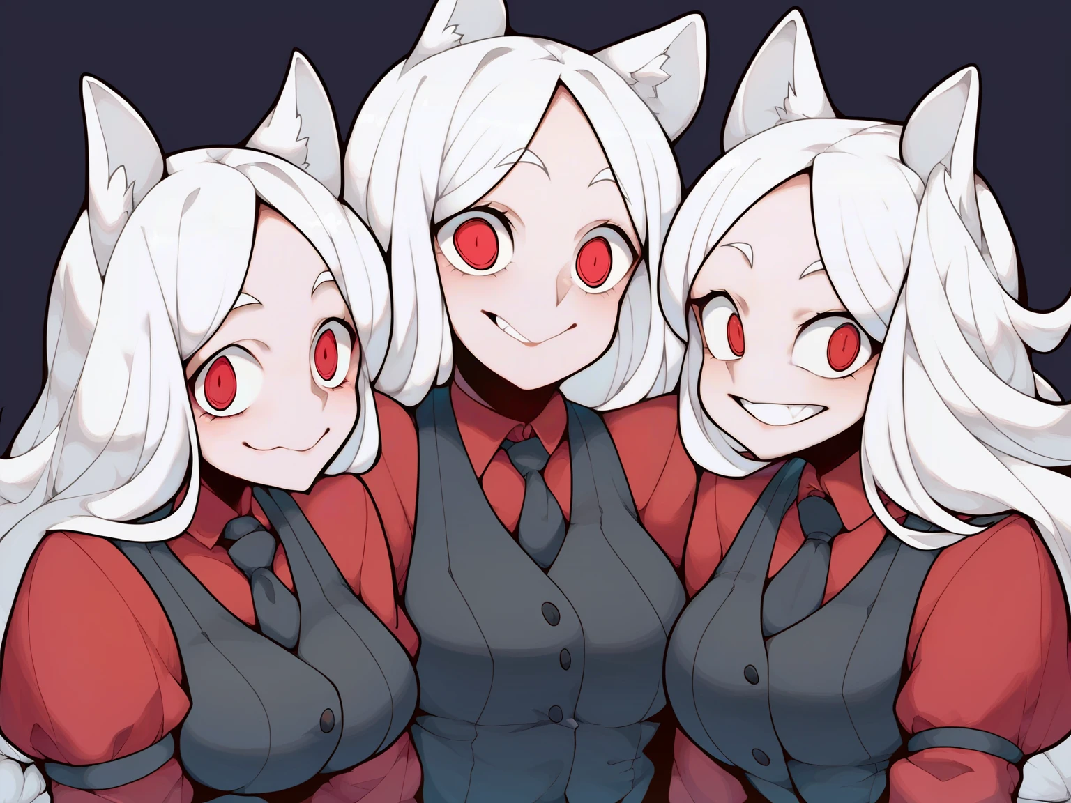 score_9, score_8_up, score_7_up, score_6_up, score_5_up, score_4_up, BREAK, source_cartoon, source_anime, 3girls, cerberus \(helltaker\), white hair, long hair, red eyes, dog ears, red shirt, black necktie, black vest,
sadistic smile, upper body, looking at viewer, simple background
<lora:CerberusXL:1>