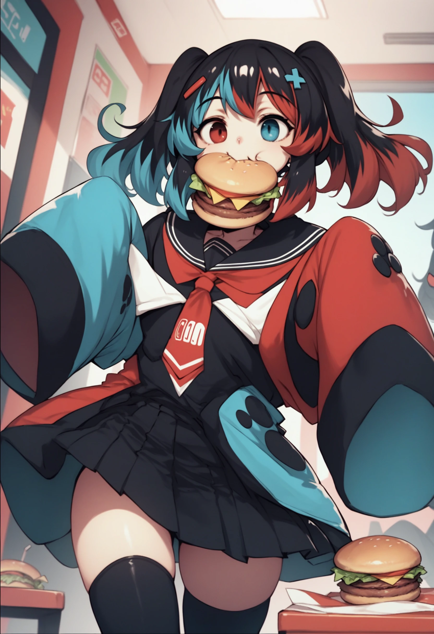 score_9, score_8_up, score_7_up, source_anime, 1girl, cowboy shot, Switchchan, heterochromia, sailor collar, sleeves past wrists, sleeves past fingers, school uniform, shirt, serafuku, black thighhighs, <lora:SwitchchanXLPD-000011:1>, burger, eating, table, indoors, cowboy shot, happy,