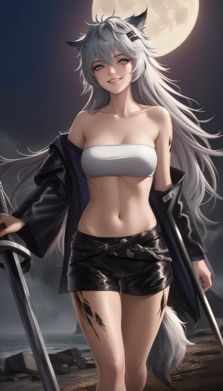  scar across eye, ((orig, lappland (arknights))), 
1girl, solo, long hair, breasts, looking at viewer, smile, bangs, hair ornament, long sleeves, navel, holding, animal ears, hair between eyes, bare shoulders, standing, collarbone, jacket, tail, weapon, white hair, grey hair, thighs, open clothes, shorts, teeth, hairclip, midriff, belt, sword, stomach, holding weapon, grin, open jacket, black jacket, groin, grey eyes, short shorts, bare legs, strapless, feet out of frame, scar, holding sword, black shorts, moon, wolf ears, wolf tail, outdoors, detailed background, realistic background, black belt, scar across eye, bandeau, tube top, oripathy lesion (arknights), 

(masterpiece, best quality), dim light, cinematic shot, absurdres, HD, 8k, beautiful, detailed, sharp, cinematic lighting, highest quality, ((perfect face, very deep eyes)), Milf, mature female,
(