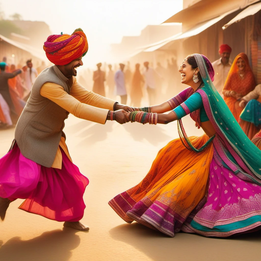 A playful tug-of-war between a Rajasthani man and woman in colorful attire, their laughter echoing through a vibrant marketplace, bathed in the warm afternoon sun