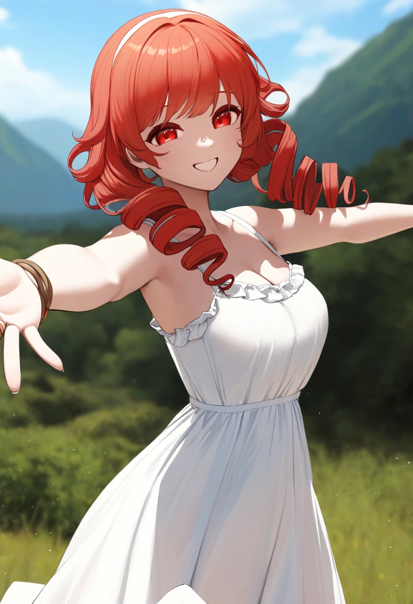 masterpiece, best quality, 1girl,red eyes,smile, outdoors, best quality, red hair, ringlets, outstretched arms, white sundress, by tsujisanta