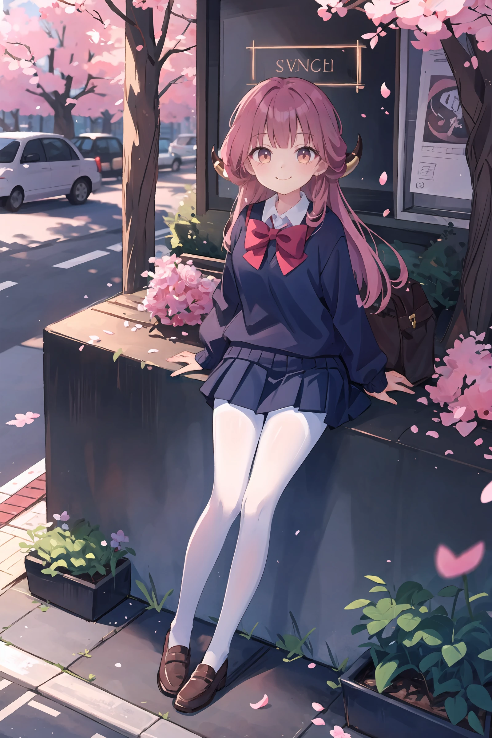 1girl, aru \(blue archive\), horns, solo, school uniform, white collared shirt, sweater, pleated skirt, black pantyhose, light smile, looking at viewer, outdoors, street, cherry blossoms, petals, depth of field, masterpiece