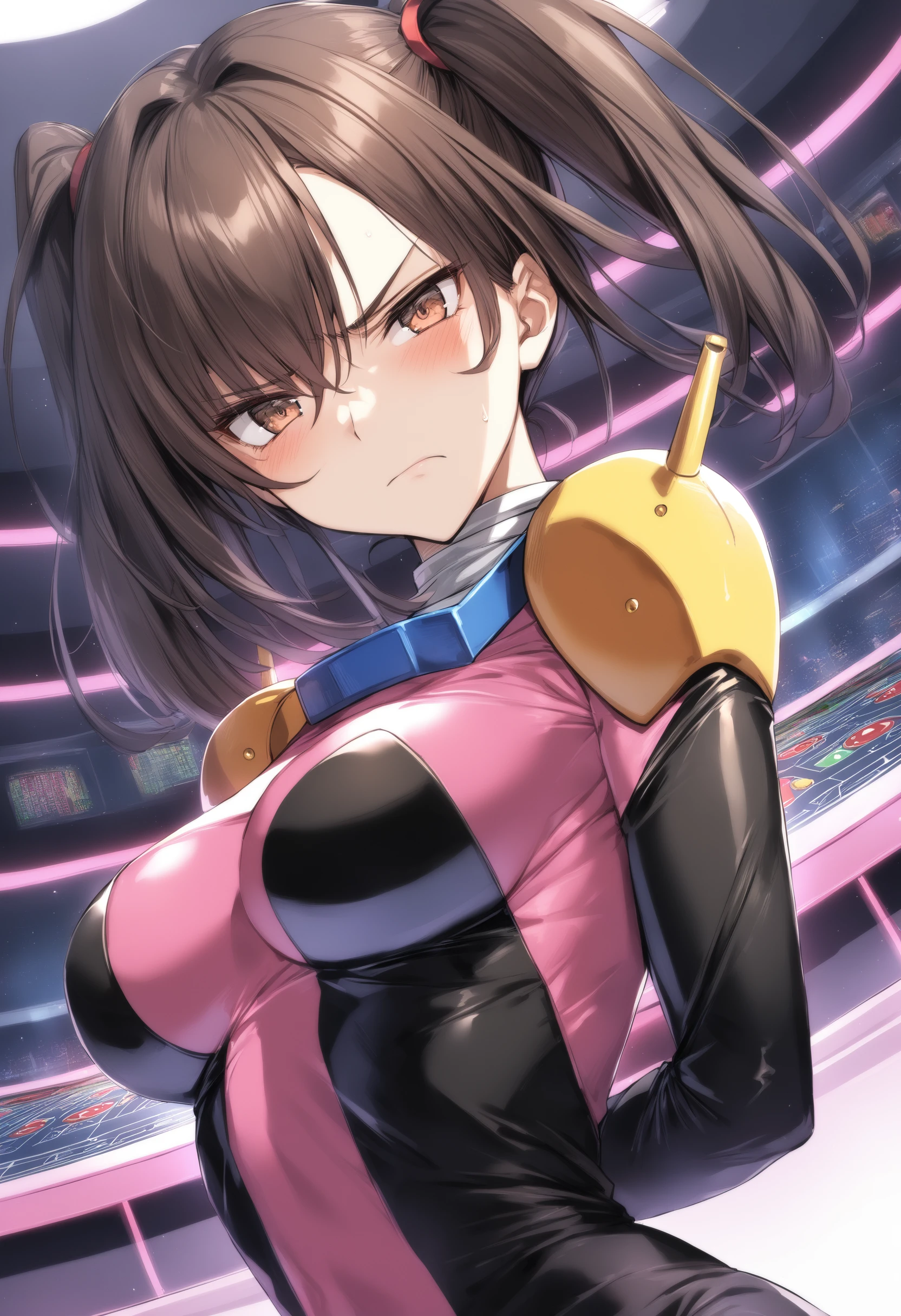 1girl, <lora:sdxl2-flat2-512b:-1>,medium breasts,solo,black hair, brown eyes,two side up,
<lora:mobiletracesuitXLv2:0.8>,mobile trace suit, shoulder armor,
dutch angle, upper body, looking at viewer, disgust, casino, closed mouth,
best quality,medium quality,