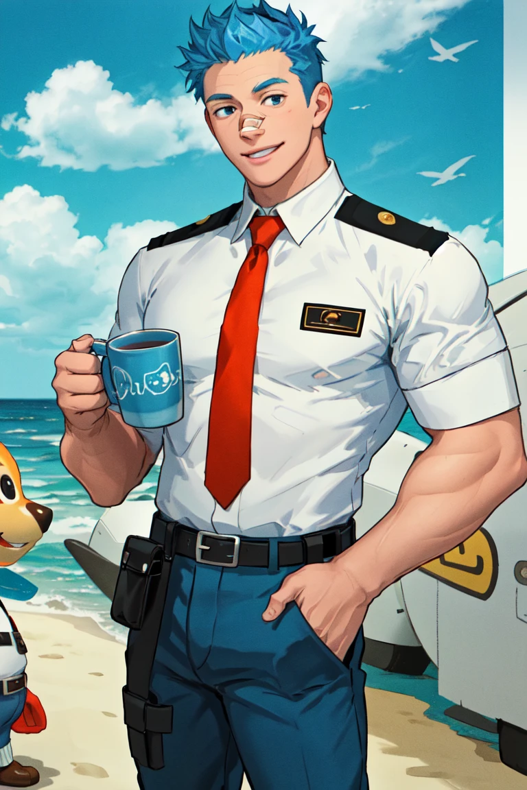 (1 image only),  solo male,  Orville,  Animal Crossing,  personification,  blue hair,  short hair,  black eyes,  aviation pilot uniform,  white collor shirt,  red necktie,  epaulette,  blue pants,  socks,  black footwear,  (bandaid on nose),  mature,  bara,  handsome,  charming,  alluring,  smile,  standing,  upper body,  perfect anatomy,  perfect proportions,  (best quality,  masterpiece),  (perfect eyes,  perfect eye pupil),  perfect hands,  high_resolution,  dutch angle,  cowboy shot,  seaside,  summer,  hand up,  holding mug cup,<lora:EMS-298324-EMS:0.600000>