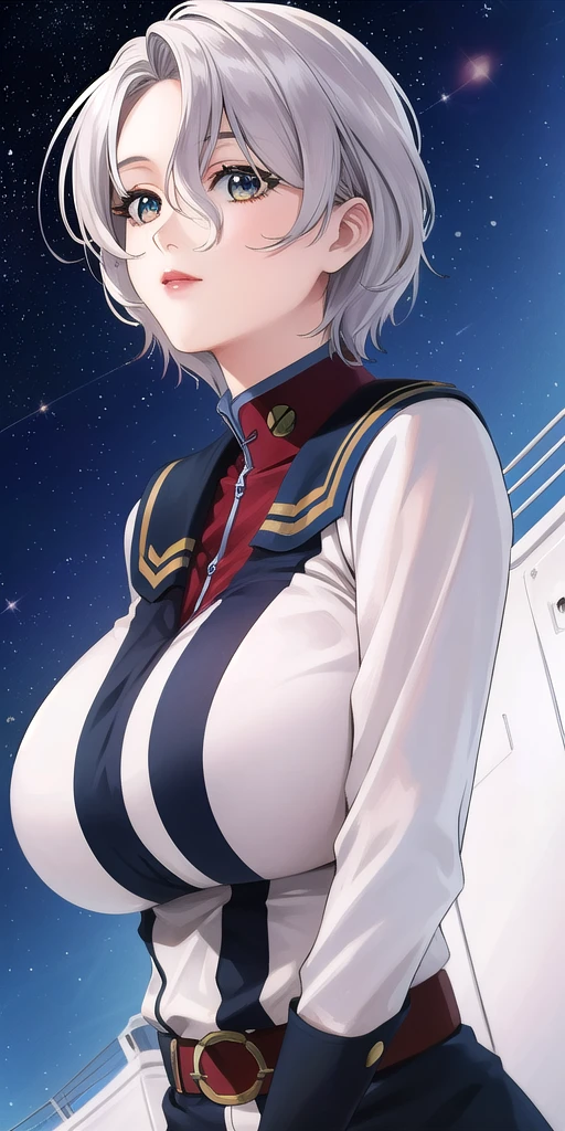 <lora:SallySaintFordV3:0.7> sallysaintford, huge_breasts, standing, solo, Naval_uniform_White_jacket_White_pencil_skirt_miniskirt_Belt_long_sleeves_turtleneck, starry_sky,, masterpiece, best_quality, detailed_face, detailed_eyes, highres, beautiful, detailed,