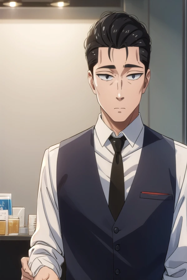 masamikondou, <lora:masami kondou s1-lora-nochekaiser:1>,
masami kondou, short hair, black hair, male focus, (black eyes:1.5), mature male,
BREAK shirt, long sleeves, white shirt, necktie, collared shirt, pants, vest, black pants, black necktie, black vest,
BREAK indoors, restaurant,
BREAK looking at viewer, (cowboy shot:1.5),
BREAK <lyco:GoodHands-beta2:1>, (masterpiece:1.2), best quality, high resolution, unity 8k wallpaper, (illustration:0.8), (beautiful detailed eyes:1.6), extremely detailed face, perfect lighting, extremely detailed CG, (perfect hands, perfect anatomy),