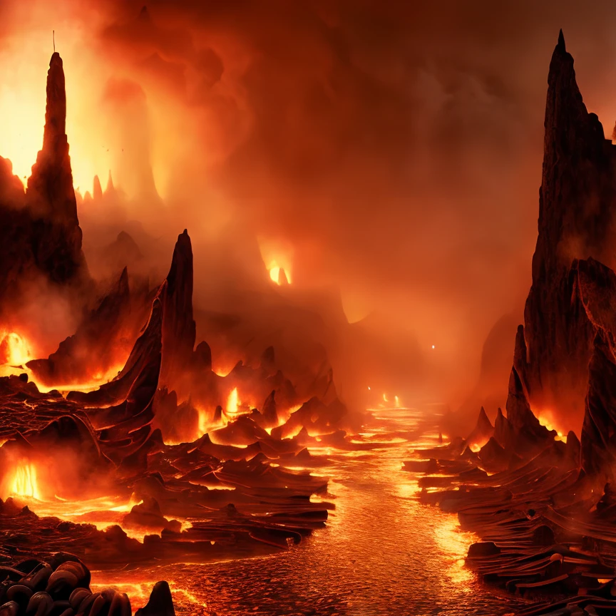 (masterpiece:1.2), (best quality,:1.2), 8k, HDR, ultra detailed, ((photorealistic)), professional light, cinematic lighting, fashion photography, ambient lighting, atmospheric effects, a river of lava through a burning town, bones lying everywhere, <lora:RealmsOfFire-10:1>, epiCPhoto