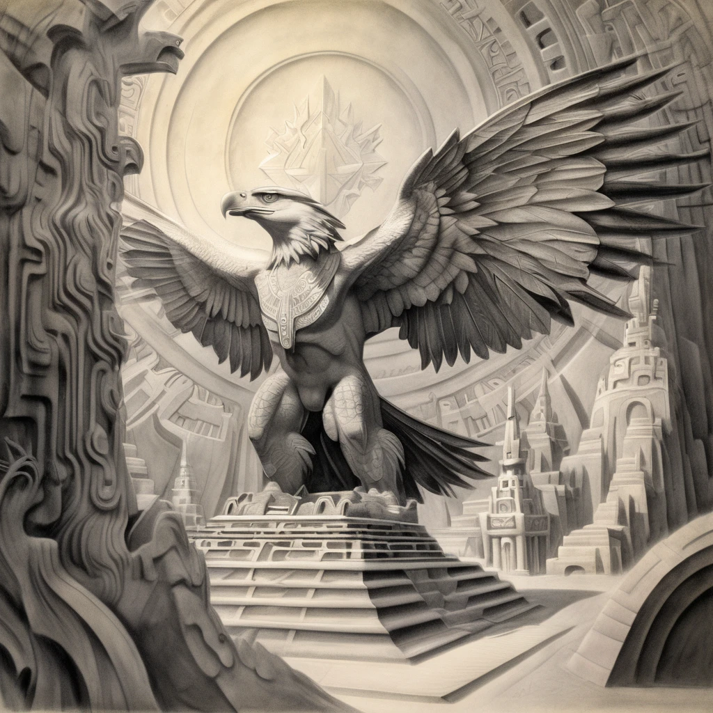 szukalski divine eagle, temple in the background, pencil drawing, black and white<lora:szukalski:1>