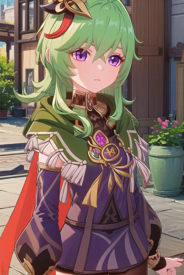 collei, <lora:genshin collei ingame-lora-nochekaiser:1>,
collei, bangs, hair ornament, hair between eyes, (purple eyes:1.1), green hair,
BREAK thighhighs, long sleeves, jewelry, zettai ryouiki, capelet, vision \(genshin impact\),
BREAK outdoors,
BREAK looking at viewer, (cowboy shot:1.5),
BREAK <lyco:GoodHands-beta2:1>, (masterpiece:1.2), best quality, high resolution, unity 8k wallpaper, (illustration:0.8), (beautiful detailed eyes:1.6), extremely detailed face, perfect lighting, extremely detailed CG, (perfect hands, perfect anatomy),
