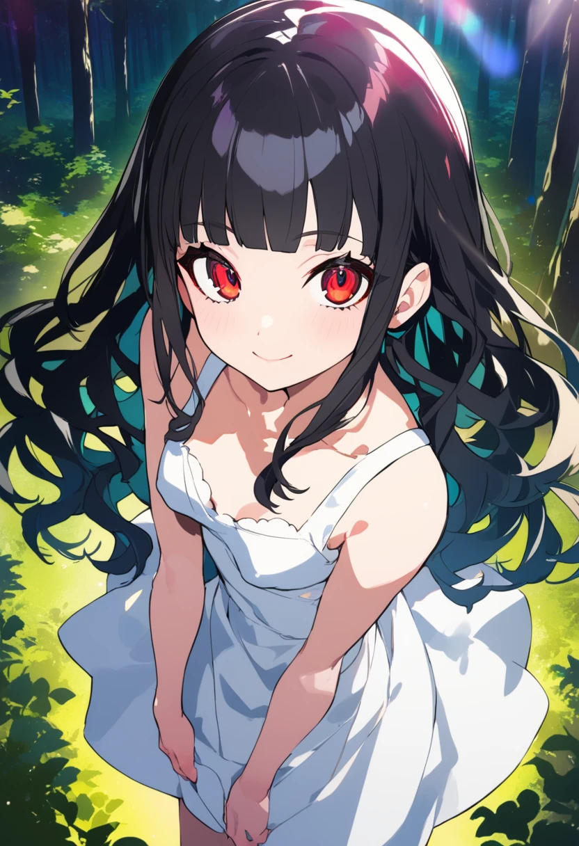 1girl, solo, 
black hair, long hair, red eyes, blunt bangs, wavy hair, white dress, small breasts, light smile, 
forest, lens flare, sunset, anime coloring, mika pikazo, lam \(ramdayo\), from above, 
masterpiece, best quality,