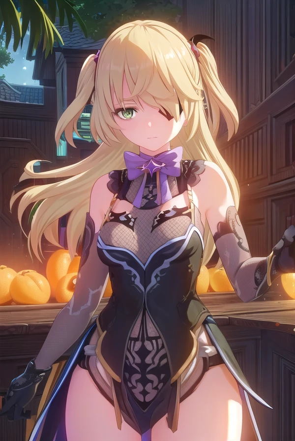 fischl, <lora:genshin fischl ingame-lora-nochekaiser:1>,
fischl, long hair, bangs, blonde hair, ribbon, (green eyes:1.3), hair ribbon, hair over one eye, two side up, eyepatch
BREAK gloves, bow, bare shoulders, black gloves, elbow gloves, bowtie,
BREAK outdoors,
BREAK looking at viewer, (cowboy shot:1.5),
BREAK <lyco:GoodHands-beta2:1>, (masterpiece:1.2), best quality, high resolution, unity 8k wallpaper, (illustration:0.8), (beautiful detailed eyes:1.6), extremely detailed face, perfect lighting, extremely detailed CG, (perfect hands, perfect anatomy),