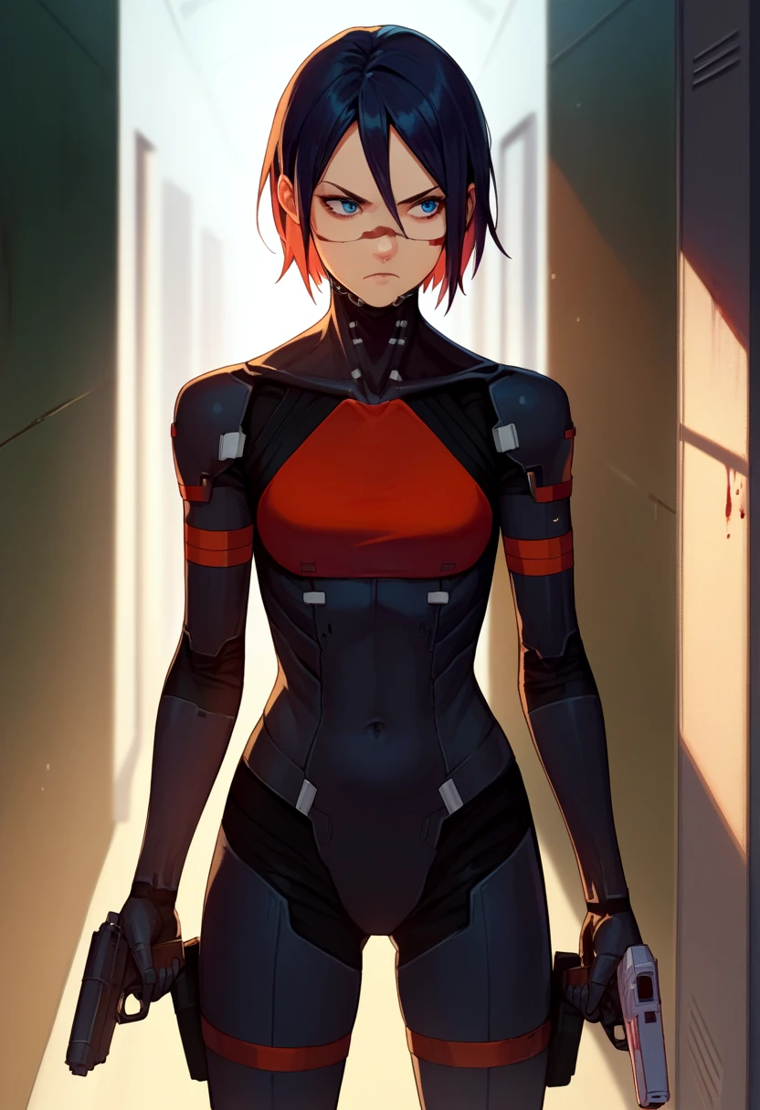 score_9, score_8_up, score_7_up, source_anime, solo, 1girl, elster, cyborg, serious, holding handgun, looking away, bodysuit, hallway, blood <lora:signalis_elster_ponyXL:1>
