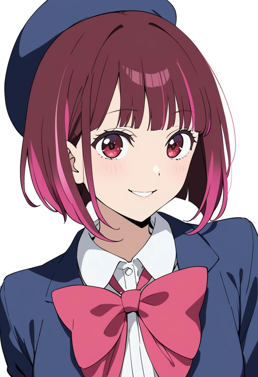 1girl, solo, arima kana,
short hair, red eyes, red eyes, white shirt, collared shirt, bowtie, seductive smile, blue beret, streaked hair, blue suit jacket,
white background, simple background, anime coloring,
masterpiece, best quality,