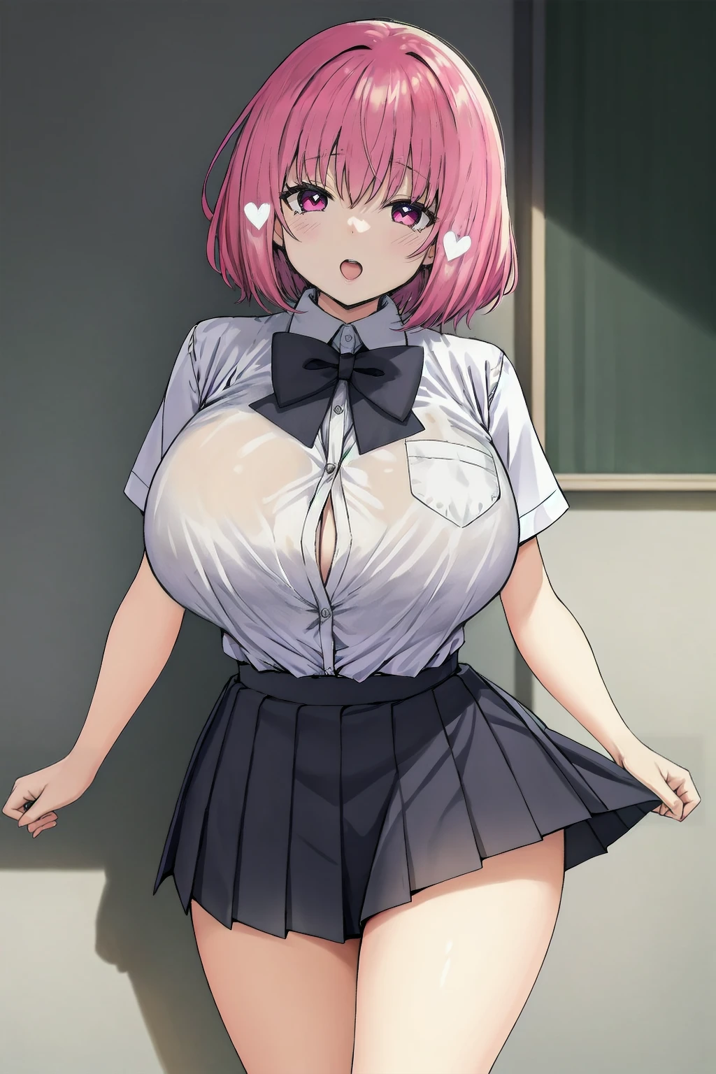 extremely detailed fine touch, natural light, sun light, light rays, dappled light, reflection, shadows, ray tracing, masterpiece, best quality, highly detailed,
<lora:akane:0.6> akane, 1girl, pink eyes, short hair, pink hair, bangs, large breasts,
1girl, black skirt, blush, bow, bowtie, breasts, button gap, eyebrows visible through hair, heart, heart hands, large breasts, looking at viewer, open mouth, pleated skirt, school uniform, shinjou akane, shirt, short hair, short sleeves, skirt, thighs, white shirt